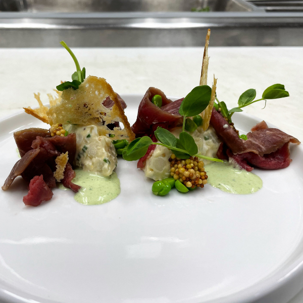 Beef Carpaccio, Smoked Potato Salad, Fresh Spring Peas, Mustard Seed, Baguette Chip, Green Goddess Dressing